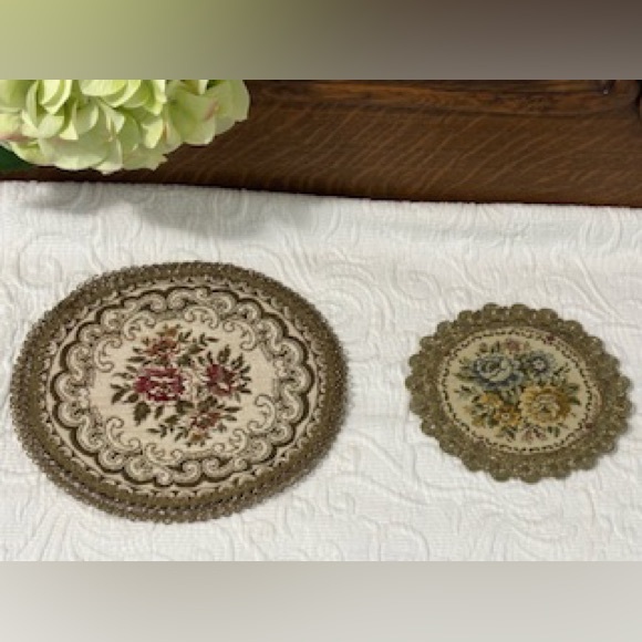 Other - 2-Antique Victorian Metallic Doilies ~ Gold Tone Netting Trim Floral Tapestry